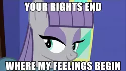 Size: 640x360 | Tagged: caption, derpibooru import, edit, edited screencap, image macro, maud pie, meme, mouthpiece, safe, screencap, smiling, social justice, solo