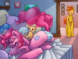 Size: 1024x768 | Tagged: suggestive, artist:stoney pony, derpibooru import, carrot cake, cup cake, pinkie pie, earth pony, pony, are you trying to seduce me miss pie, bed, blushing, cakepie, carrotpie, clothes, cupcake, eyes closed, female, male, mare, necktie, open mouth, panties, pillow, plot, raised tail, sleeping, smiling, stallion, underhoof, underwear, voyeurism