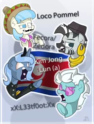 Size: 950x1252 | Tagged: safe, artist:trace-101, derpibooru import, coco pommel, fleetfoot, princess luna, zecora, zebra, angry, clothes, fedora, hat, insanity, kim jong-un, l3etf0ot, mexican, north korea, open mouth, pun, s1 luna, salute, signature, smiling, sombrero, sunglasses, tongue out, trilby, underhoof, uniform, wide eyes, yelling