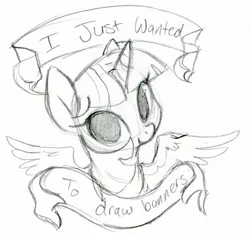 Size: 1015x961 | Tagged: artist:briskby, banner, derpibooru import, looking at you, monochrome, mouthpiece, old banner, parody, safe, sketch, smiling, solo, source needed, spread wings, twilight sparkle, twilight sparkle (alicorn)