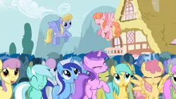 Size: 1365x768 | Tagged: safe, derpibooru import, screencap, amethyst star, carrot top, cherry cola, cherry fizzy, cloud kicker, coco crusoe, dizzy twister, doctor whooves, golden harvest, jetstream, lemon hearts, linky, lyra heartstrings, merry may, minuette, orange swirl, pokey pierce, rainbowshine, shoeshine, sunshower raindrops, time turner, twinkleshine, pony, boast busters, background pony, rearing