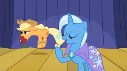 Size: 1365x768 | Tagged: apple, apple gag, applejack, boast busters, bondage, bound and gagged, derpibooru import, eyes closed, floppy ears, gag, hogtied, open mouth, rope, safe, screencap, smiling, tied up, trixie, unamused