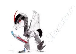 Size: 1056x756 | Tagged: artist:speedfeather, derpibooru import, ponified, safe, solo, starscream, traditional art, transformers, transformers prime