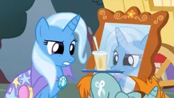 Size: 1365x768 | Tagged: safe, derpibooru import, screencap, snips, trixie, pony, unicorn, boast busters, colt, drink, female, male, mare, smoothie, solo, tray