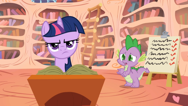 Size: 1365x768 | Tagged: annoyed, apologetic, boast busters, checklist, derpibooru import, golden oaks library, podium, safe, screencap, spike, twilight sparkle