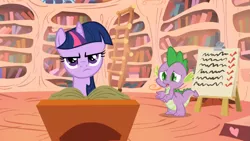 Size: 1365x768 | Tagged: annoyed, apologetic, boast busters, checklist, derpibooru import, golden oaks library, podium, safe, screencap, spike, twilight sparkle