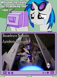 Size: 712x960 | Tagged: safe, derpibooru import, vinyl scratch, exploitable meme, hub logo, meme, obligatory pony, soundwave, transformers, transformers prime, tv meme