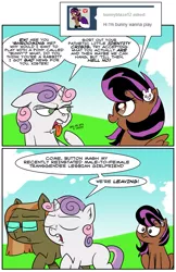 Size: 1247x1920 | Tagged: safe, artist:catfood-mcfly, derpibooru import, button mash, sweetie belle, oc, angry, ask, comic, fury belle, glasses, hypocrisy, irony, parody, tongue out, transgender, tumblr, vulgar