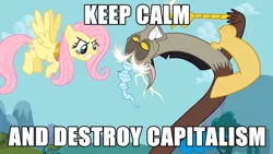 Size: 960x540 | Tagged: angry, communism, derpibooru import, discord, element of kindness, fluttershy, frown, glare, gritted teeth, image macro, keep calm and flutter on, marxism, meme, mouthpiece, parody, propaganda, safe, screencap, spread wings, the stare