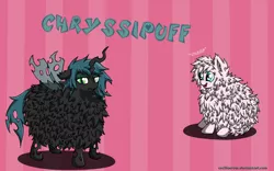 Size: 1024x640 | Tagged: safe, artist:riracreations, derpibooru import, queen chrysalis, oc, oc:fluffle puff, black sheep, canon x oc, chrysipuff, eyes on the prize, female, frown, gasp, heart eyes, lesbian, looking at you, open mouth, shipping, sitting, smiling, species swap