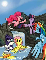 Size: 733x946 | Tagged: applejack, artist:jabberwockychamber, derpibooru import, fluttershy, mane six, onsen, pinkie pie, rainbow dash, rarity, river, safe, stream, twilight sparkle, water, waterfall