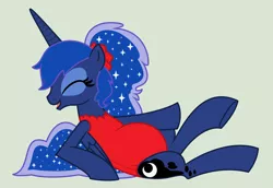 Size: 1600x1102 | Tagged: alternate hairstyle, artist:evilfrenzy, clothes, derpibooru import, eyes closed, one-piece swimsuit, pregnant, princess luna, red swimsuit, safe, simple background, solo, swimsuit, vector