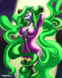 Size: 960x1200 | Tagged: anthro, artist:stigma-photon, breasts, busty mane-iac, cleavage, crazy sexy mane-iac, female, mane-iac, solo, solo female, suggestive, unzipping