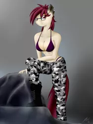Size: 2736x3648 | Tagged: anthro, anthro oc, artist:bludraconoid, boots, breasts, camo pants, cleavage, derpibooru import, female, glasses, oc, oc:claret, solo, suggestive, unofficial characters only