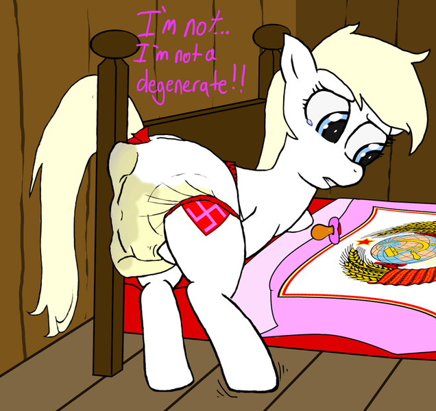 Size: 868x819 | Tagged: artist:lphooves, degeneracy, derpibooru import, diaper, diaper fetish, messy diaper, nazi, oc, oc:aryanne, pacifier, poop, questionable, scat, solo, swastika, unofficial characters only, urine