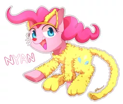 Size: 1501x1275 | Tagged: animal costume, artist:sion, catsuit, clothes, costume, derpibooru import, looking at you, nyan, open mouth, pinkie cat, pinkie pie, safe, smiling, solo, underhoof, whiskers