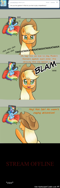 Size: 633x1971 | Tagged: safe, artist:ratofdrawn, derpibooru import, applejack, rainbow dash, ask appledash, appledash, ask, comic, female, lesbian, modern warfare, shipping, tumblr, video game