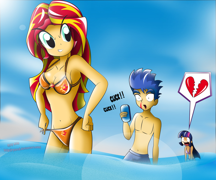 Size: 7087x5906 | Tagged: suggestive, artist:ryured, derpibooru import, flash sentry, sunset shimmer, twilight sparkle, equestria girls, absurd resolution, anime battle thread, armpits, bare chest, belly button, bikini, breasts, busty sunset shimmer, cleavage, clothes, cuckquean, female, flash sentry gets all the mares, flashimmer, flashlight, flashlightshimmer, heartbreak, human coloration, husbando thief, love triangle, male, meme, nosebleed, ocean, phone, pictogram, shipping, smartphone, special eyes, straight, swimsuit, topless, underwear