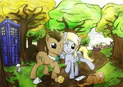 Size: 4500x3200 | Tagged: safe, artist:hazardmarine, derpibooru import, angel bunny, derpy hooves, doctor whooves, time turner, pegasus, pony, rabbit, doctorderpy, female, mail, mailbag, male, mare, muffin, shipping, straight