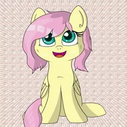 Size: 2000x2000 | Tagged: alternate hairstyle, artist:fluttershy-wins, derpibooru import, fluttershy, looking up, safe, short hair, short mane, sitting, smiling, solo