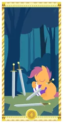 Size: 400x775 | Tagged: artist:janeesper, derpibooru import, four of spades, four of swords, helmet, safe, scootaloo, solo, sword, tarot card