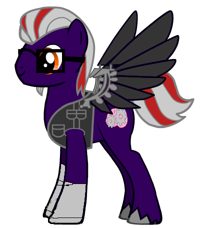 Size: 412x456 | Tagged: safe, derpibooru import, oc, oc:gearhead, unofficial characters only, cyborg, pegasus, pony, pony creator, augmented, claws, description is relevant, donut steel, glasses, goatee, inventor, prosthetic limb, prosthetic wing, prosthetics, scientist, solo, thinking