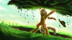 Size: 1920x1080 | Tagged: safe, artist:doomsp0rk, derpibooru import, applejack, earth pony, pony, badass, bipedal, earth pony magic, earth pony master race, levitation, solo, terrakinesis