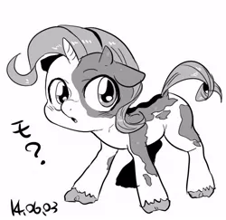 Size: 643x624 | Tagged: artist:nekubi, calf, cow, cowified, cute, derpibooru import, filly, japanese, monochrome, raribetes, raricow, rarity, safe, solo, species swap, unicow, younger
