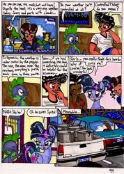 Size: 1376x1930 | Tagged: safe, artist:newyorkx3, derpibooru import, spike, twilight sparkle, twilight sparkle (alicorn), oc, oc:crystal, oc:sonia, oc:tommy, alicorn, dragon, human, pony, comic:twilight and the big city, bow, car, comic, crysmmy, female, ford, ford crown victoria, male, mare, non-mlp oc, pickup truck, pigtails, self insert, tail bow, taxi, television, traditional art