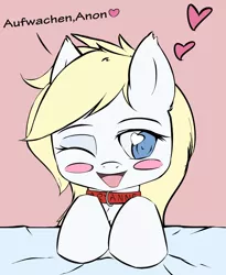 Size: 1639x2000 | Tagged: safe, artist:randy, derpibooru import, oc, oc:aryanne, unofficial characters only, bed, blanket, blushing, collar, ear fluff, german, happy, heart, heart eyes, pet, pet play, smiling, solo, submissive, wake up, wingding eyes, wink