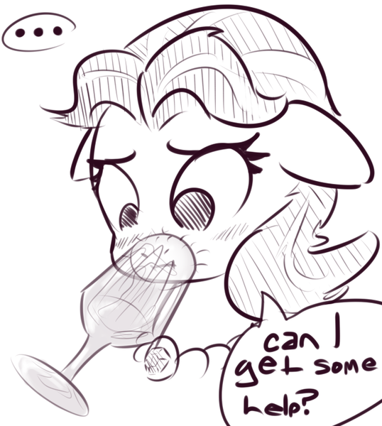 Size: 639x713 | Tagged: amethyst gleam, ammie thyst, artist:nobody, blushing, crystal chalice stand pony, floppy ears, frown, horse problems, monochrome, necklace, safe, solo, stuck, :t, wine glass