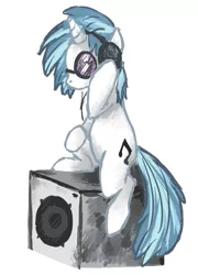 Size: 497x689 | Tagged: dead source, safe, artist:scervo, derpibooru import, vinyl scratch, pony, unicorn, female, headphones, mare, simple background, sitting, solo, speaker, sunglasses, white background