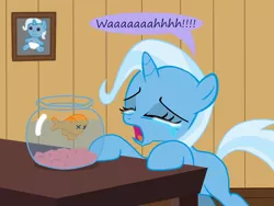 Size: 1200x900 | Tagged: safe, artist:evil-dec0y, derpibooru import, trixie, fish, goldfish, pony, unicorn, crying, cute, dead, diatrixes, eyes closed, female, filly, filly trixie, fishbowl, frown, mare, open mouth, pet, sad, solo, table, x eyes, younger