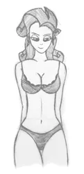 Size: 1224x2520 | Tagged: artist:halfirepony, belly button, bra, breasts, busty rarity, cleavage, clothes, female, frilly underwear, human, humanized, lingerie, monochrome, panties, rarity, sketch, solo, solo female, suggestive, underwear