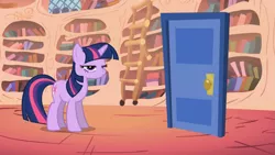 Size: 1365x768 | Tagged: safe, derpibooru import, screencap, twilight sparkle, unicorn, boast busters, door, grumpy twilight, solo, twilight is not amused, unamused, unicorn twilight