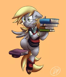 Size: 925x1083 | Tagged: safe, artist:datponypl, derpibooru import, derpy hooves, pony, adorkable, balancing, bipedal, book, bottomless, clothes, cute, dork, glasses, librarian, socks, solo, sweater vest