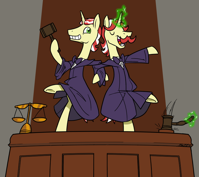 Size: 2472x2205 | Tagged: safe, artist:grandpalove, derpibooru import, idw, flam, flim, pony, reflections, spoiler:comic, bipedal, courtroom, dancing, dark mirror universe, duo, equestria-3, eyes closed, flim flam brothers, gavel, grin, hoof hold, magic, mirror universe, open mouth, raised leg, smiling, telekinesis, underhoof