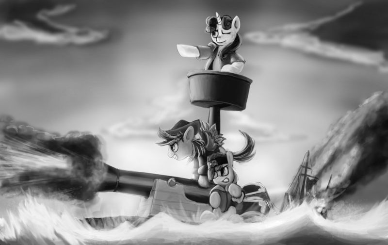 Size: 1124x710 | Tagged: apple bloom, artist:rublegun, cannon, cutie mark crusaders, derpibooru import, monochrome, pirate, safe, scootaloo, sweetie belle