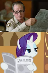 Size: 450x680 | Tagged: comparison, implied facehoof, implied facepalm, newspaper, no country for old men, rarity, safe, tommy lee jones