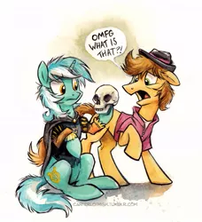 Size: 571x626 | Tagged: safe, artist:kenket, artist:spainfischer, derpibooru import, braeburn, lyra heartstrings, pony, unicorn, alas poor yorick, canterlot high, canterlot high blog, clothes, duo, female, hamlet, hat, male, mare, open mouth, shakespeare, skull, stallion