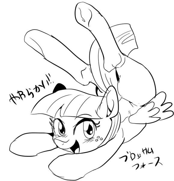 Size: 730x756 | Tagged: safe, artist:nekubi, derpibooru import, blossomforth, active stretch, backbend, chest stand, contortionist, flexible, grayscale, japanese, monochrome, simple background, solo