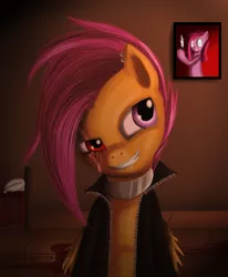 Size: 742x901 | Tagged: semi-grimdark, artist:reneesdetermination, derpibooru import, pinkie pie, scootaloo, pony, bipedal, blood, clothes, collar, duo, heterochromia, jacket, picture, pinkamena diane pie, tainted scootaloo