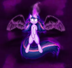Size: 1043x984 | Tagged: safe, artist:daikaluff, derpibooru import, twilight sparkle, twilight sparkle (alicorn), alicorn, pony, artificial wings, augmented, female, glowing eyes, magic, magic wings, mare, solo, wings