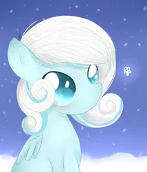 Size: 1024x1195 | Tagged: safe, artist:britt-nya, derpibooru import, oc, oc:snowdrop, unofficial characters only, pegasus, pony, blushing, folded wings, looking at something, sitting, snow, snowfall, snowflake, solo