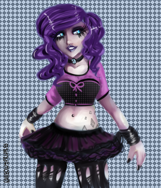 Size: 1200x1400 | Tagged: artist:rainbowsprinklesart, belly button, bellyring, breasts, female, goth, gothity, human, humanized, midriff, nail polish, piercing, rarity, solo, solo female, suggestive, tattoo