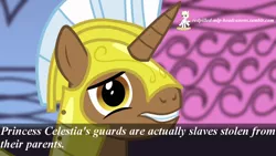 Size: 1024x576 | Tagged: safe, derpibooru import, edit, edited screencap, screencap, pony, unicorn, armor, frown, gritted teeth, headcanon, looking at you, redpilled-mlp-headcanons, royal guard, slavery, solo, tyrant celestia