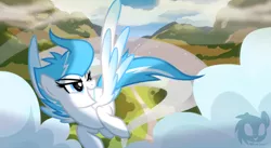 Size: 1024x562 | Tagged: safe, artist:wicklesmack, derpibooru import, oc, oc:shimmering shield, unofficial characters only, pegasus, pony, cloud, cloudy, colored wings, female, flying, gradient wings, grin, looking back, mare, path, sky, smiling, solo, spread wings, trail, wings