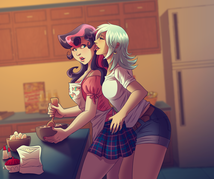 Size: 3000x2517 | Tagged: dead source, suggestive, artist:stellacadente113, derpibooru import, bon bon, lyra heartstrings, sweetie drops, human, apron, breasts, clothes, cooking, ear bite, female, from behind, high res, humanized, kitchen, lesbian, lyrabon, miniskirt, shipping, short skirt, shorts, skirt