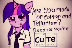 Size: 2046x1352 | Tagged: safe, artist:canvymamamoo, derpibooru import, twilight sparkle, pony, semi-anthro, unicorn, adorkable, chemistry, chemistry joke, chest fluff, clothes, copper, copper and tellurium, cuprum, cute, dork, female, flirting, mare, necktie, nerd, periodic table, pickup lines, pun, science, shirt, solo, tellurium, traditional art