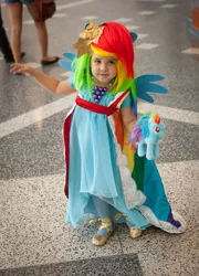 Size: 718x1000 | Tagged: artist:hormozidesigns, child, clothes, cosplay, derpibooru import, dress, gala dress, human, irl, irl human, photo, plushie, rainbow dash, safe, solo, target demographic